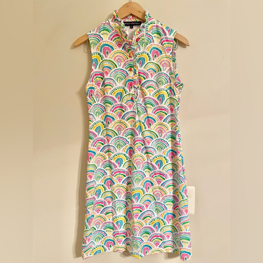 Barbara Erickson Fun Rainbow color Ruffle V Neck Dress Size Small Summer- EUC